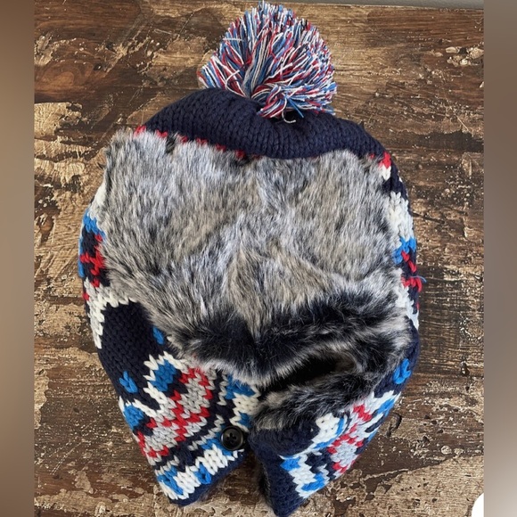 BP Nordstrom Fair Isle Faux Fur Trapper Knit Hat In Blue Multi Color, O/S. NWT - Picture 2 of 6